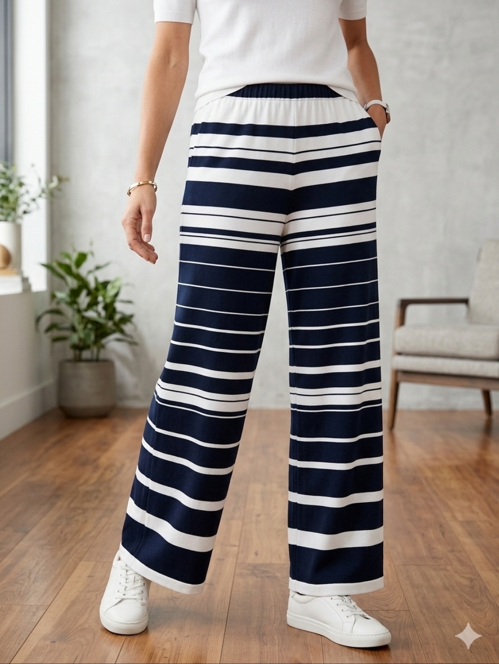 Chicos Knit Kit Palazzo Wide Leg Pants Navy Blue White Sailor Striped 0 Small S